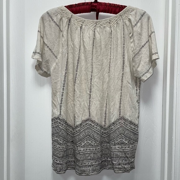 Lucky Brand Blouse Lace V-Neck Tassel Tie Front Floral Printed Hem Short Sleeve - Picture 3 of 5